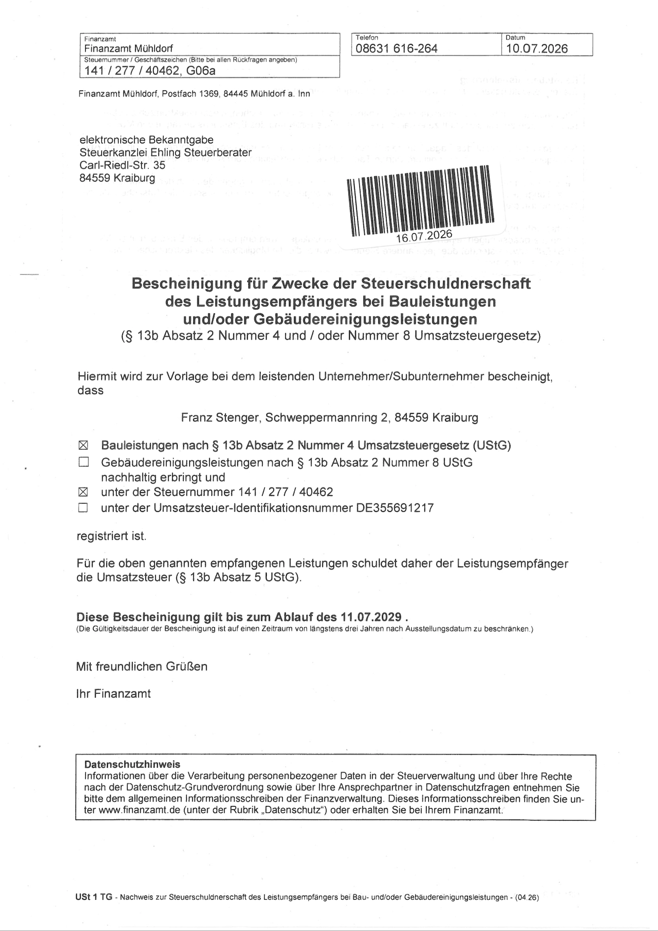 Freistellungsbescheinigung B-1